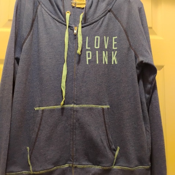 PINK Victoria's Secret Dark Blue Navy Zip Up Classic Hoodie Jacket Love Size L - Picture 2 of 6
